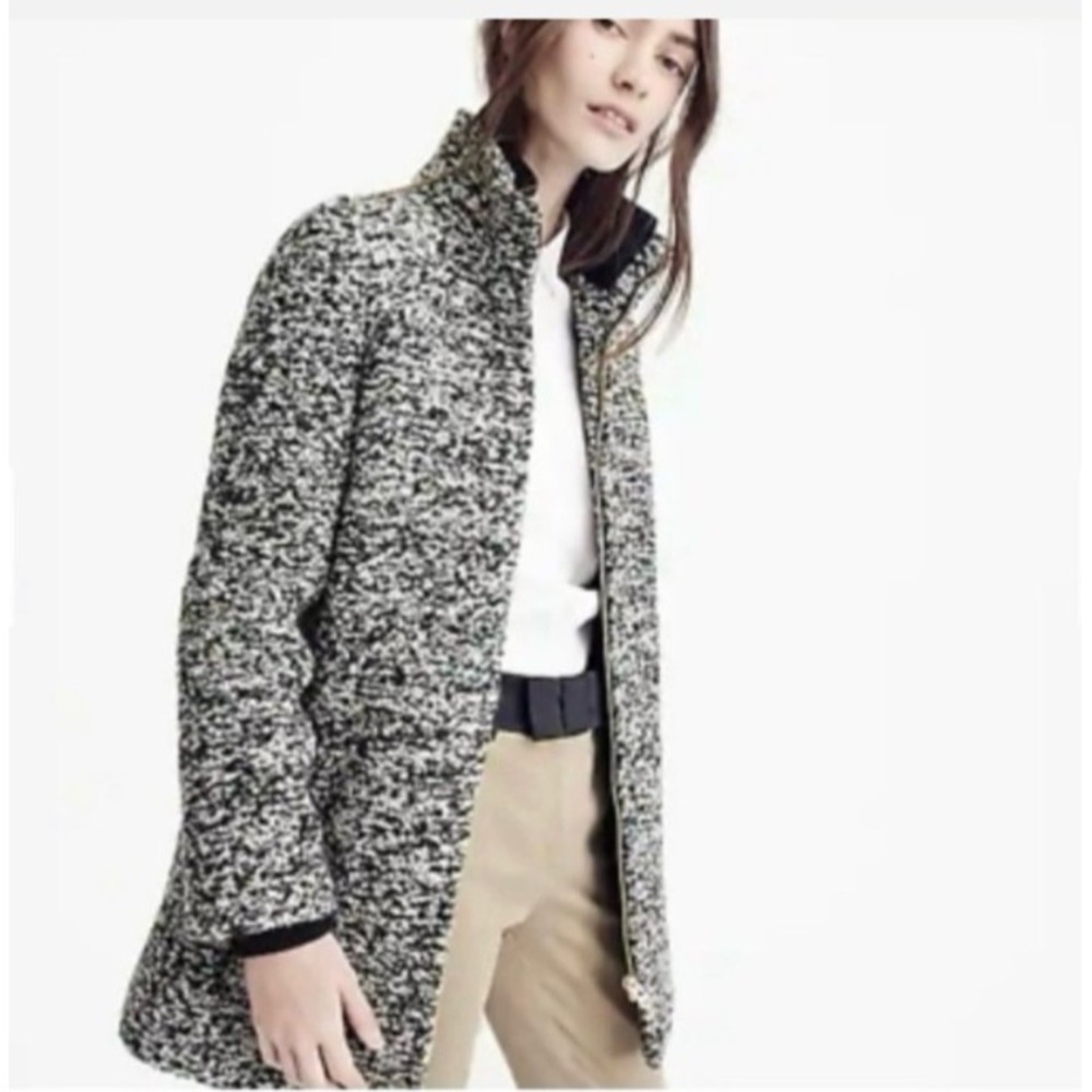 J Crew Italian Wool Lodge Coat Tweed Zip Up Boucle Speckled Black White 12P $365